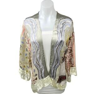 Anthropologie Floreat Silk Satin Paisley Patchworks Lace Kimono Cardigan Top S